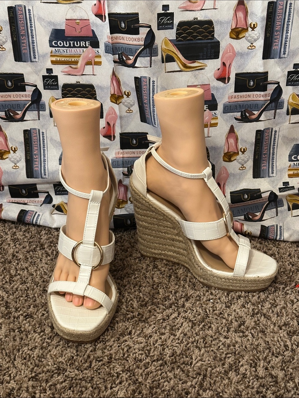 JustFab White Croc-Textured Espadrille Wedge Sandals